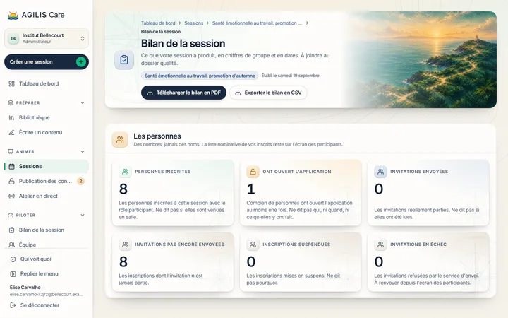 Le bilan de fin de session, écrit pendant la formation et non la veille de l'audit. Il le télécharge en PDF ou en CSV et le joint au dossier.