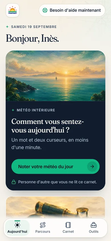 Il ouvre l'application et il sait quoi faire dans les deux minutes qui viennent. Pas un tableau de bord, pas de choix à faire : une phrase, et le geste du jour.