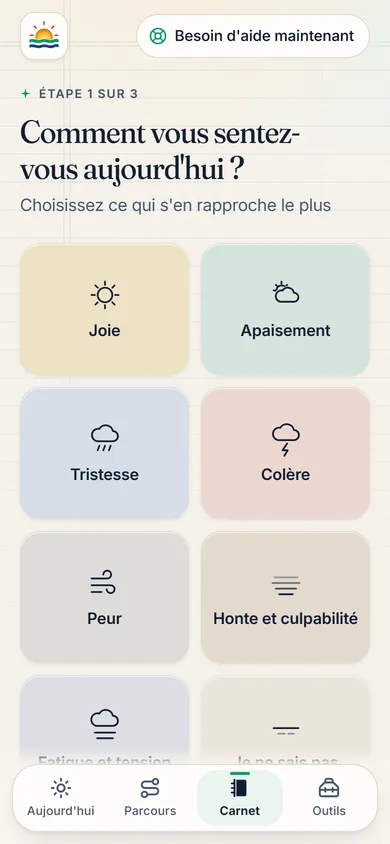Mettre un mot sur ce qu'il ressent, en deux gestes, sans rédiger. C'est souvent le premier pas, et c'est le plus difficile à faire seul.