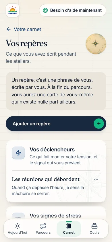 Les repères qu'il s'est donnés pendant l'atelier, dans ses mots à lui, relus trois semaines plus tard sans avoir à retrouver le paperboard.